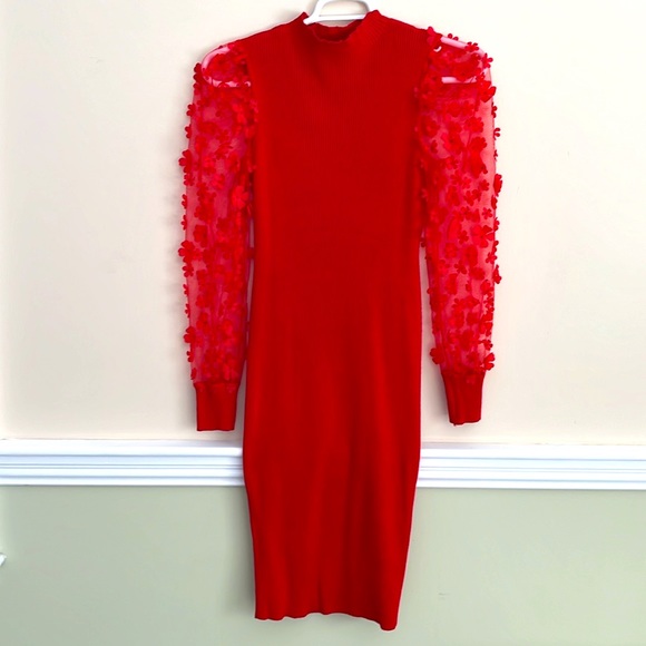 NO BOUNDARIES Red Ribbed Puffy Floral Sheer Sleeve Cable knit Sweater Dress NWOT - Picture 6 of 13